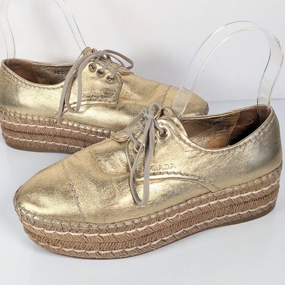 Prada gold metallic leather creeper platform oxford lace up Italy 35.5 FIRM - Picture 1 of 14